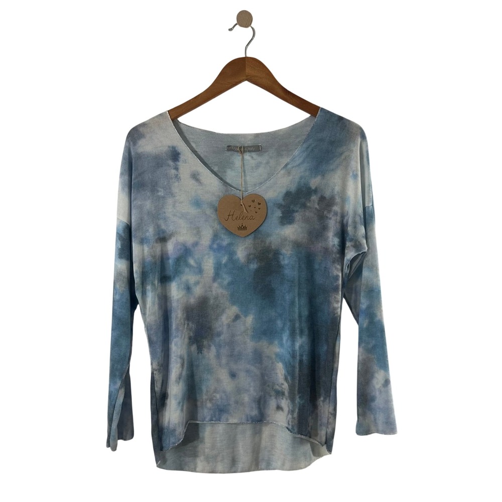 Helena Made in Italy Blue Tie Dye V-Neck Knit Top Metallic Trim Size 2